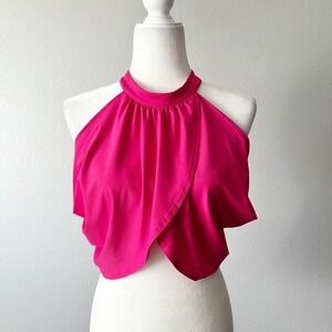 ACOA Hot Pink Halter Neck Tulip Draped Crop Top Open Back Size Medium NEW
